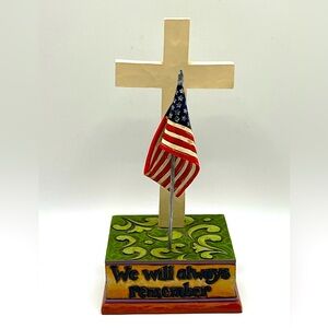 Patriotic Cross Keepsake with American Flag - White Cross, Green Base